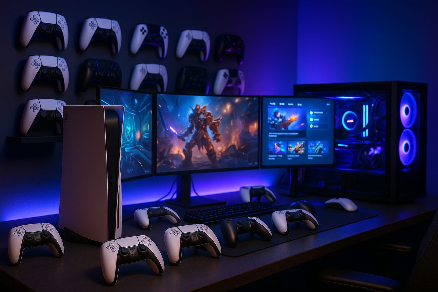 Playstation och gaming dator med skärmar och massa ps5 kontroller 